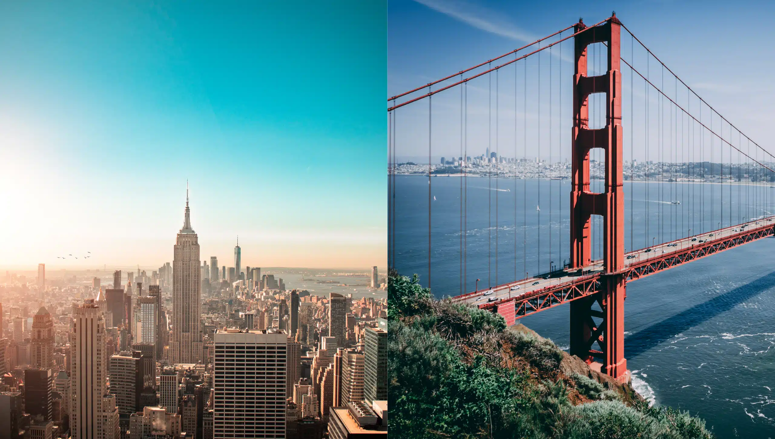 Lins die Skyline einer Stadt, Rechts die Golden Gate Brücke