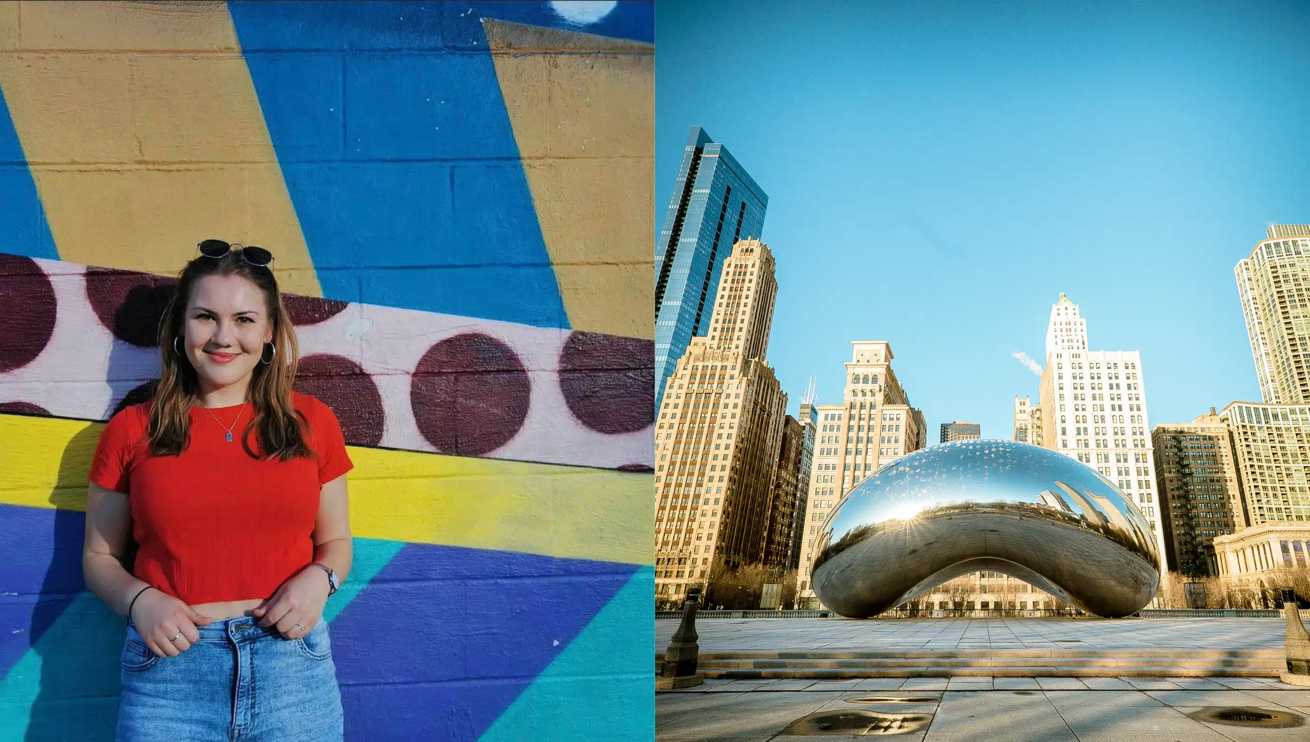 Links eine Frau vor einer bemalten Wand, Rechts die Skulptur "Cloud Gate" in Chicago