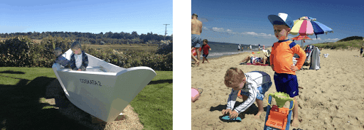 2 Bilder von einem boot mit kind darin, sowie 2 kinderrn am Strand