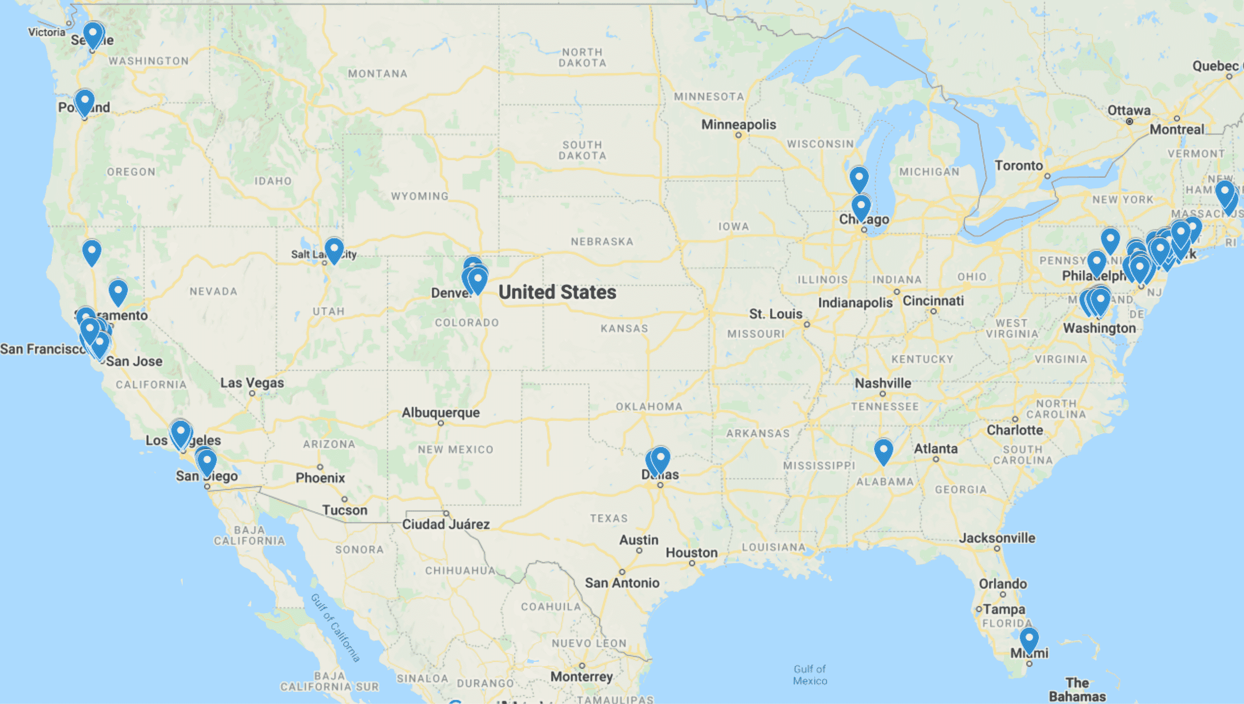 Karte der USA mit Markierungen für Gastfamilien Standorte