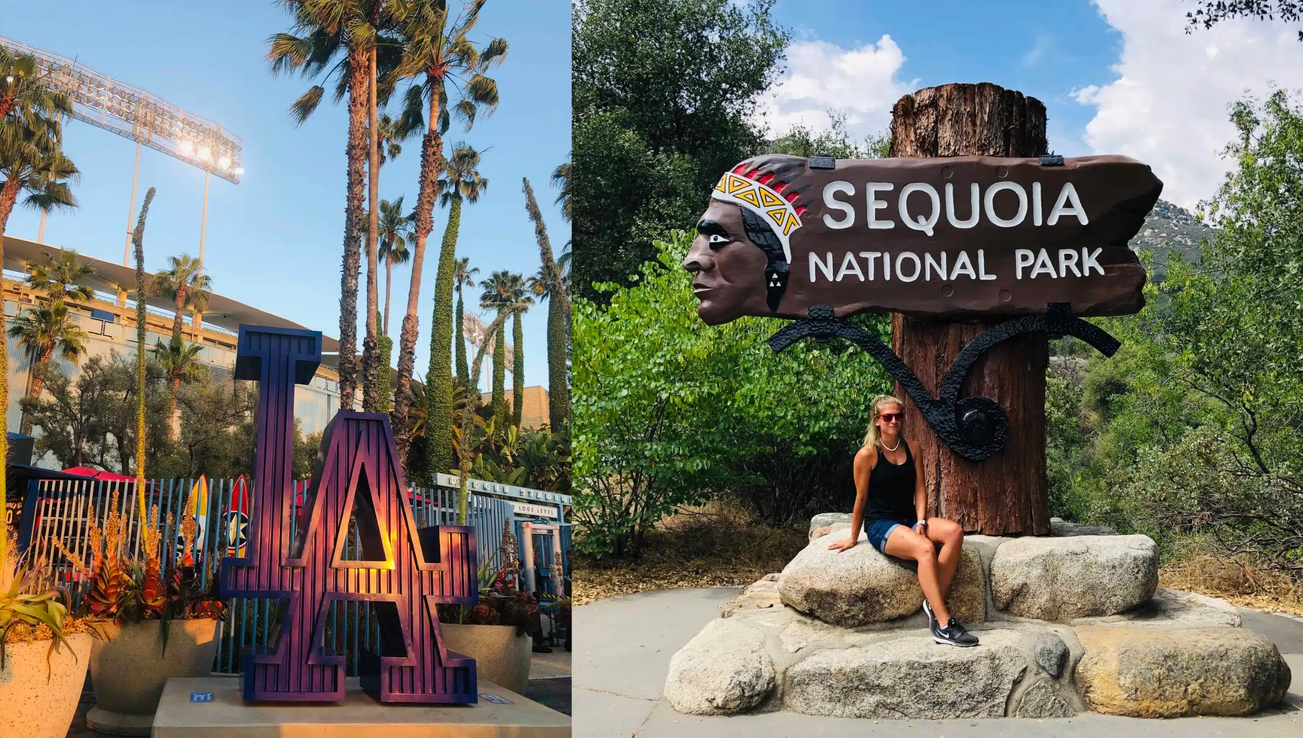 Links ein LA Dodgers Logo, Rechts ein Pfahl mit der Inschrift "Sequoia National Park"